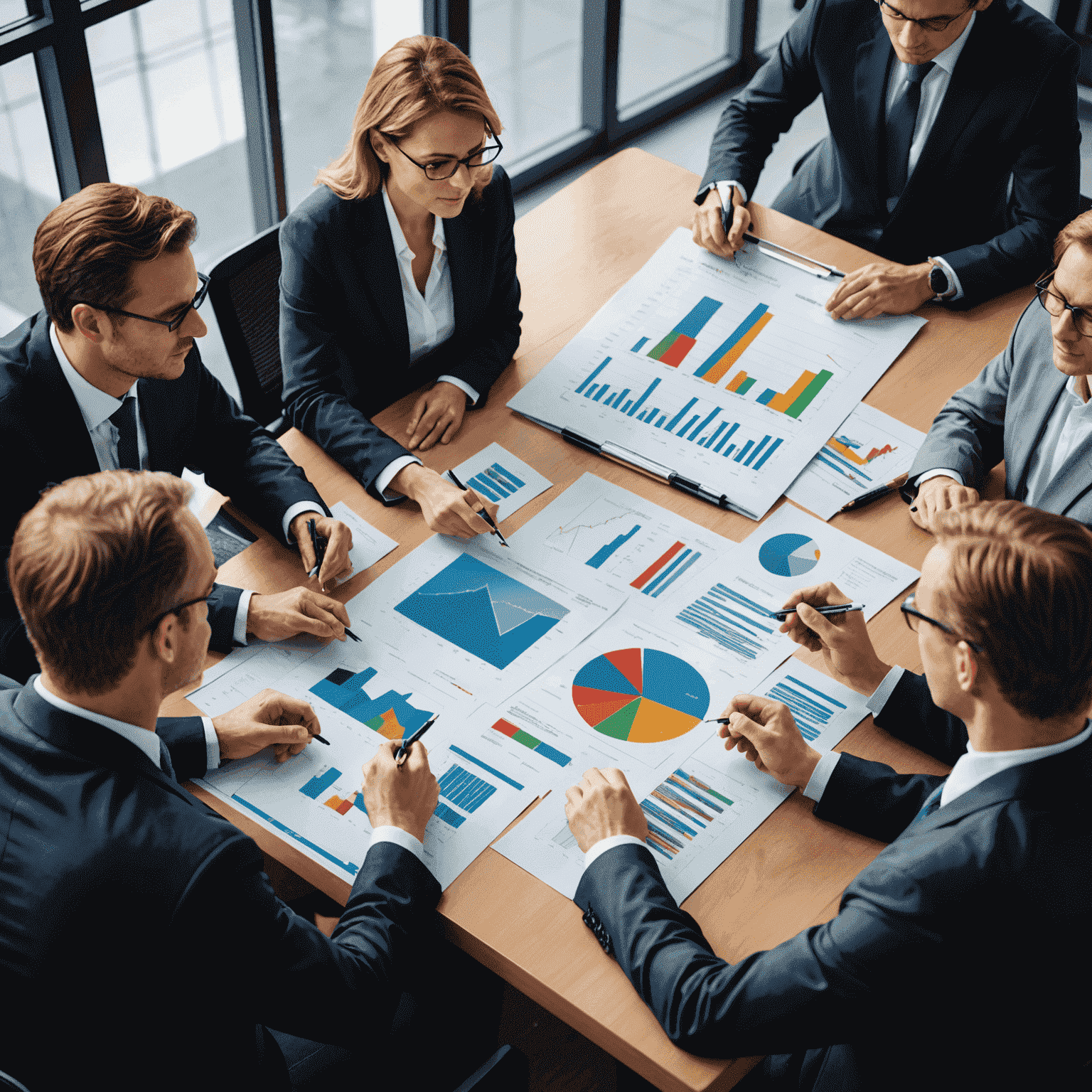 A group of professional financial consultants discussing charts and graphs, with a focus on foreign exchange, tax optimization, and portfolio strategies. The image conveys expertise, trust, and a commitment to helping clients navigate complex financial landscapes.