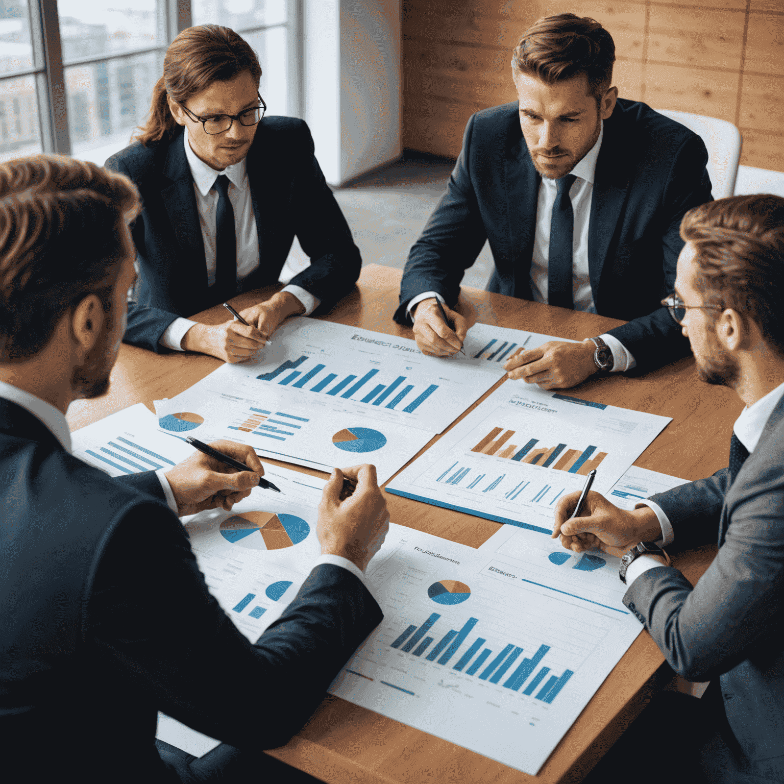 A group of business people discussing funding opportunities, with charts and graphs in the background