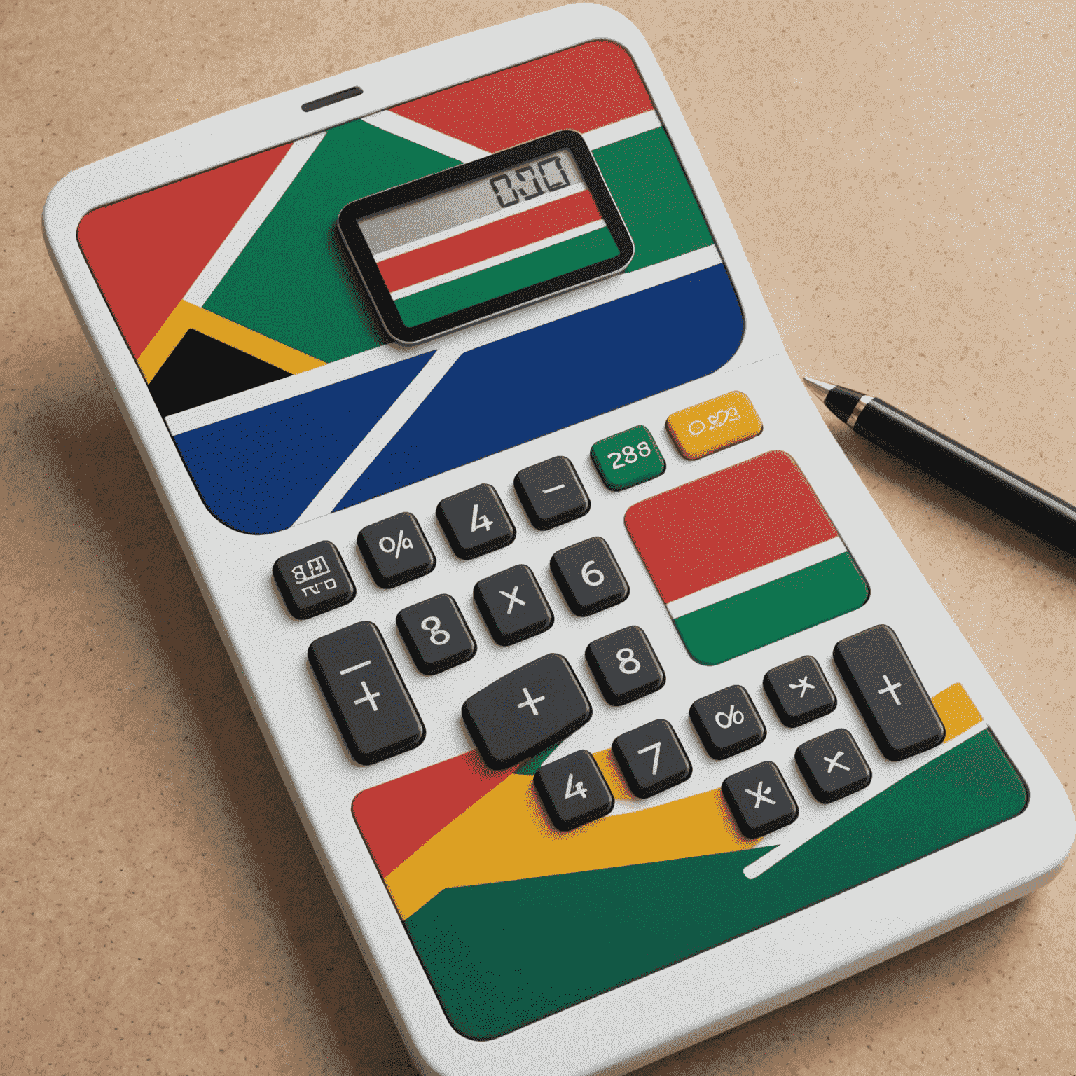 A calculator and South African flag, symbolizing tax optimization strategies within the country's legal framework