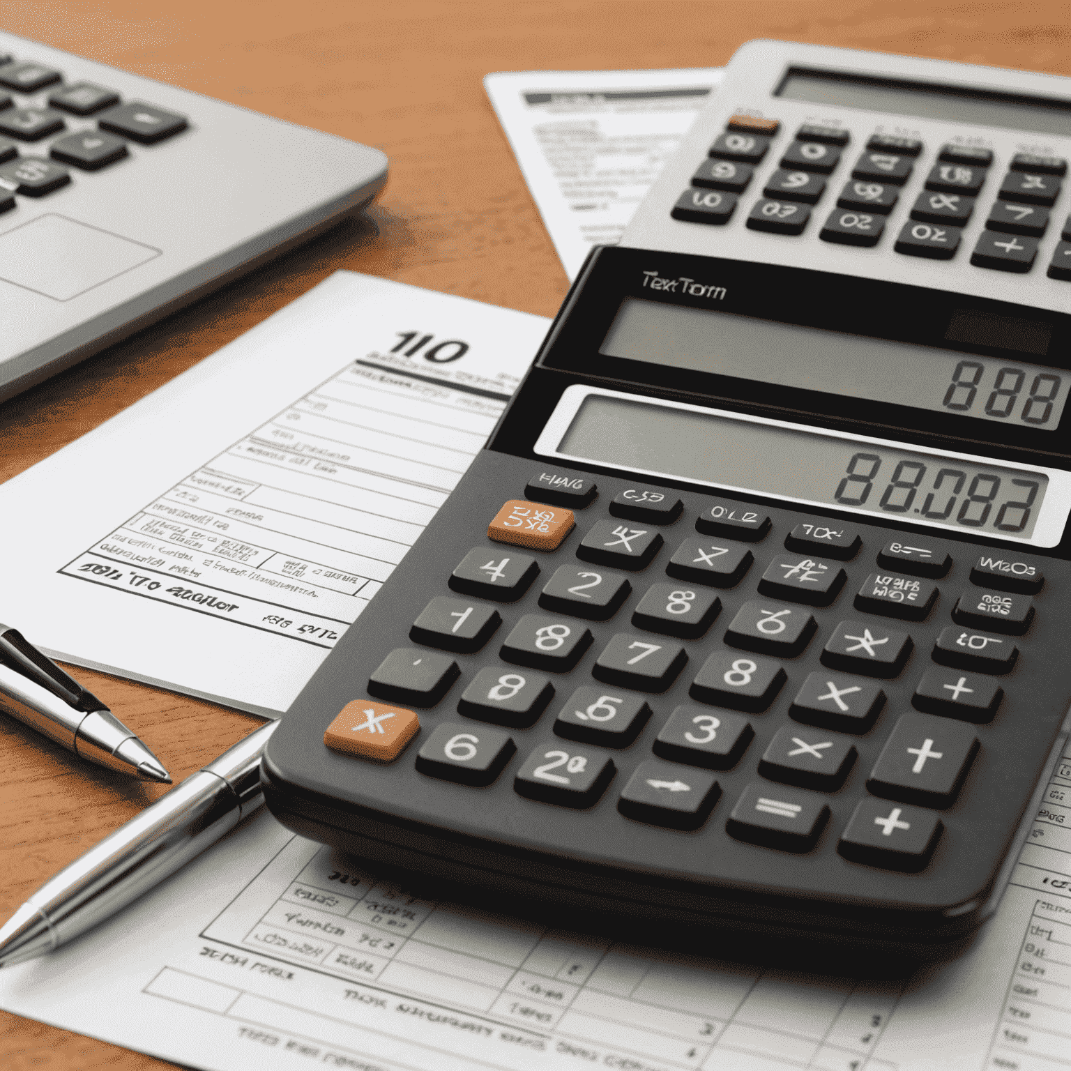 A calculator, pen, and tax forms on a desk