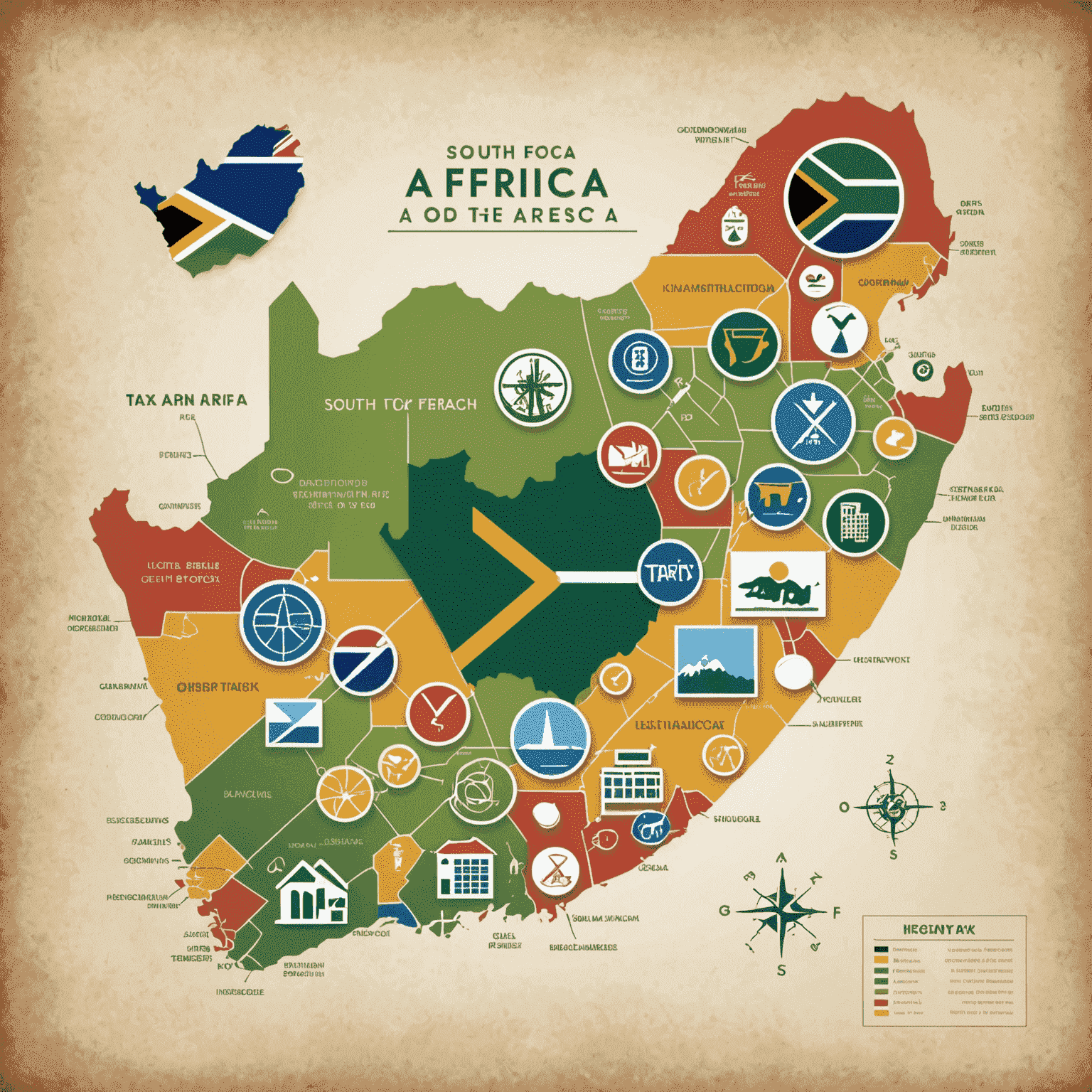 A map of South Africa with tax-related icons, representing the country's tax landscape